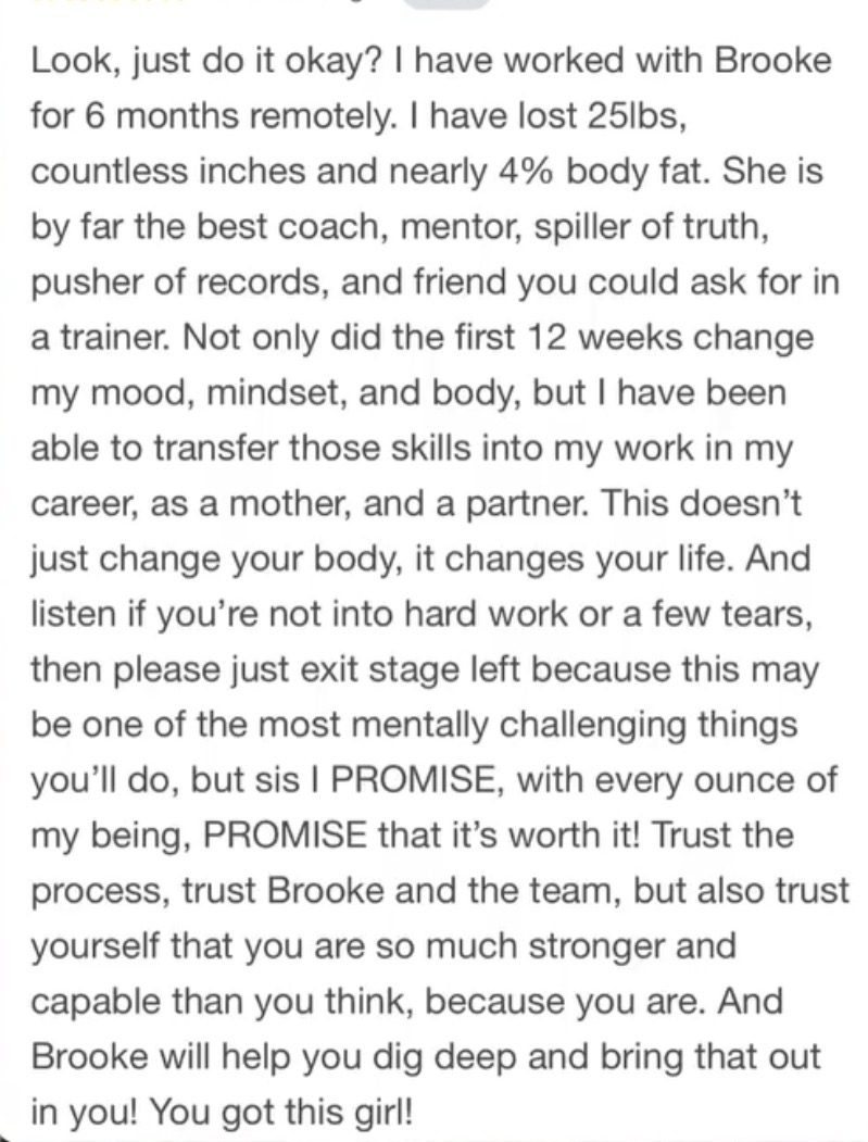 Client message describing meaningful physical and personal changes through coaching