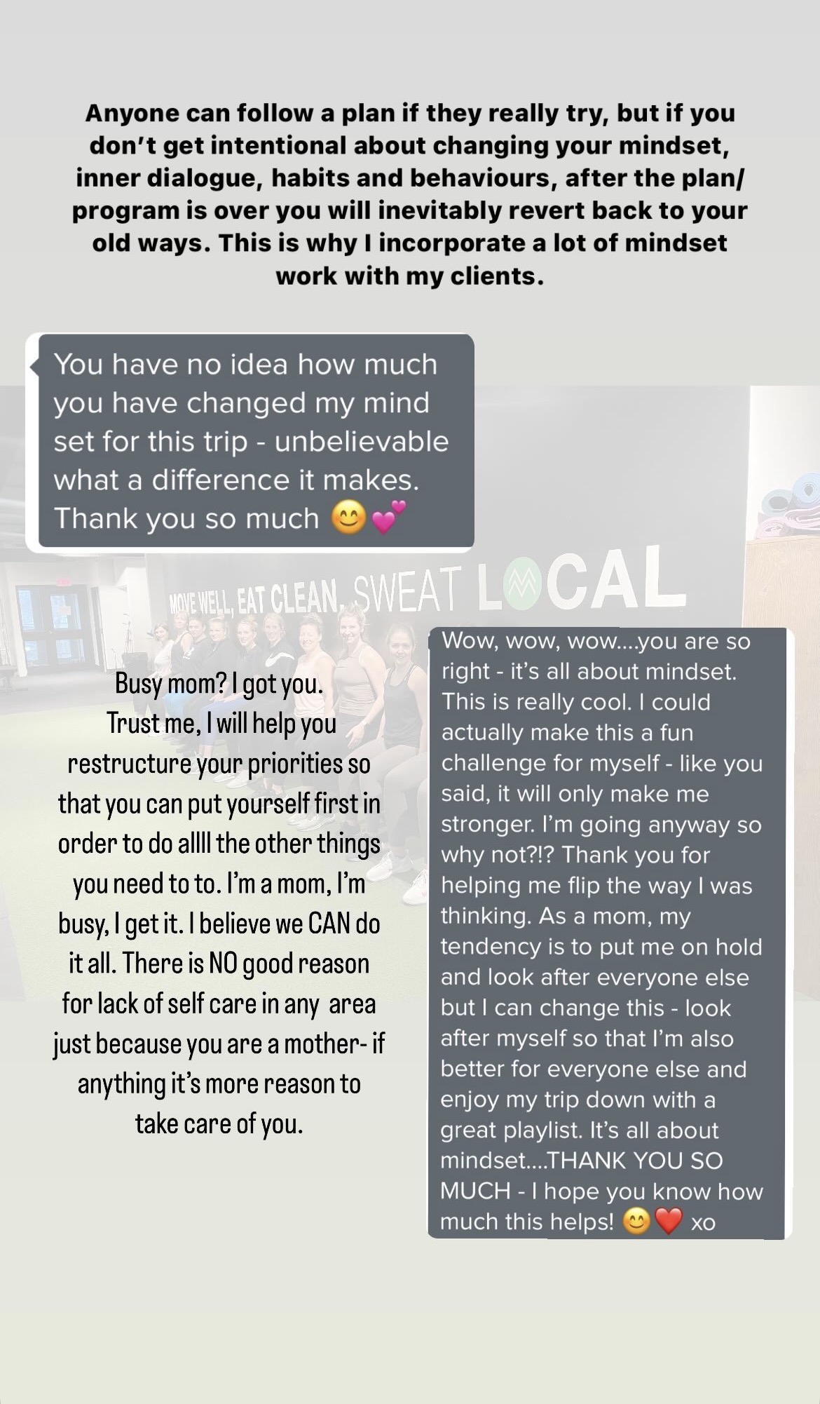 Client message about changing her mindset and learning to prioritize herself